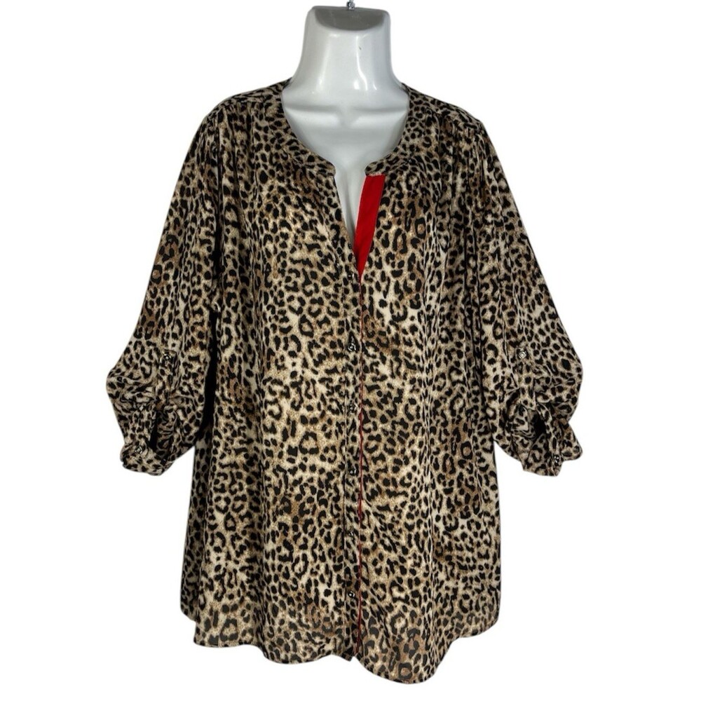 Daniel Rainn Leopard Cheetah Blouse 1X Semi Sheer Button Up 3/4 Sleeve Tunic Top